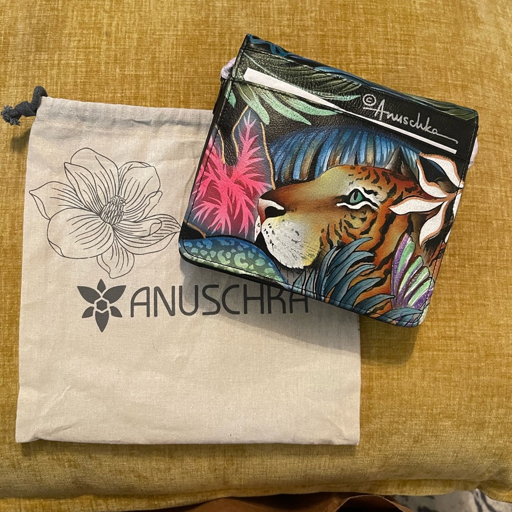 Anuschka Hand-Painted Wallet with Leopard and Foliage